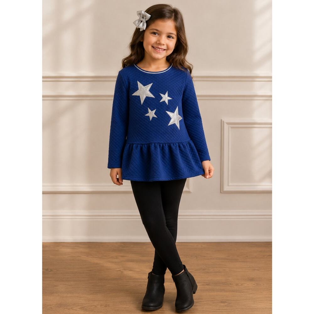 Nannette Blue Quilted Tunic Top Sparkly Silver Stars Drop Waist | Girls 6